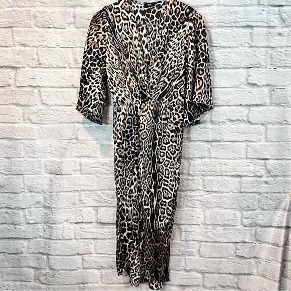 Lucca Couture Cheetah V Neck Bell Sleeve Draped Midi Dress - Small - Picture 3 of 14